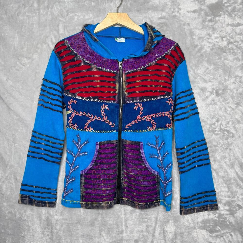 India Boutique Hoodie Jacket Womens Blue Full Zip Pockets Embroidered Boho Knit